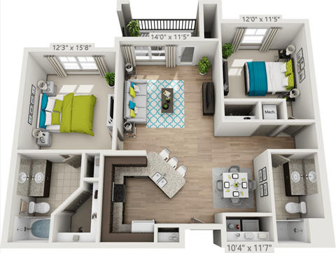 Floor plan for 2 beds, 2 baths, 1101 sqft